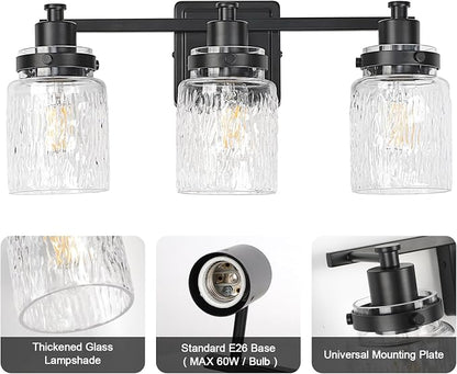 3 Light Bathroom Light Fixtures Farmhouse Black Vanity Lights | ETL Certificate, Easy to Install,Wall Mount Up or Down,Hammered Glass Lampshade,E26 Socket,Hardwired,120V