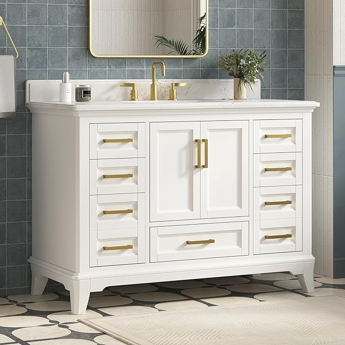 48 Inch Bathroom Vanity with Sink, Farmhouse Bathroom Vanity Set with Quartz Countertop, Painted Bathroom Storage Cabinet with Soft Closing Doors & Dovetail Pine Drawers, White