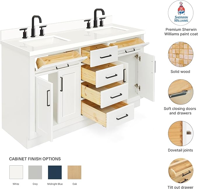 DKB Isabella 60" White Double Bathroom Vanity with Sink, 1.5" Edge Pure White Quartz Countertop, Rectangular Sinks, 4 Soft Closing Doors, 4 Full Extension Dovetail Drawers