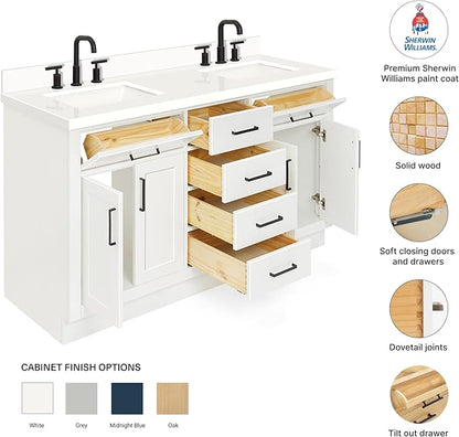 DKB Isabella 60" White Double Bathroom Vanity with Sink, 1.5" Edge Pure White Quartz Countertop, Rectangular Sinks, 4 Soft Closing Doors, 4 Full Extension Dovetail Drawers