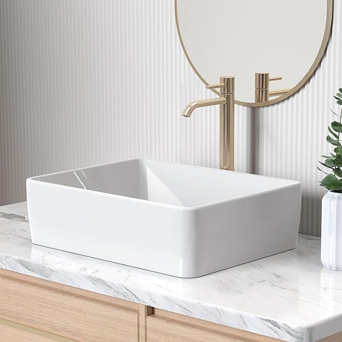 KES Rectangular Bathroom Vessel Sink White 19x15 Inches Rectangle Above Counter Countertop Porcelain Ceramic Vanity Sink, BVS110