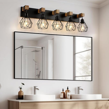 Farmhouse Vanity Light for Bathroom, 5-Light Wood Bathroom Vanity Light Fixtures Over Mirror, Rustic Sconces Wall Lighting with Metal Lampshade for Living Room, Bedroom, Hallway