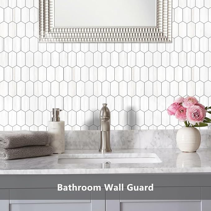 Vamos Tile Long Hexagon Peel and Stick Backsplash Tile - 10 Sheets Stick on Backsplash for Kitchen and Bathroom 12.4 x 12 Inch Dolomite Marble Look PVC Self Adhesive Mosaic Wall Tiles