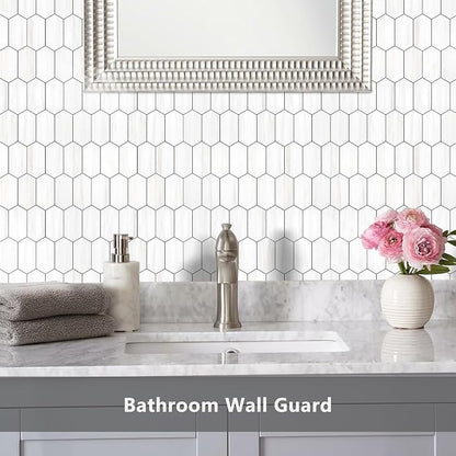 Vamos Tile Long Hexagon Peel and Stick Backsplash Tile - 10 Sheets Stick on Backsplash for Kitchen and Bathroom 12.4 x 12 Inch Dolomite Marble Look PVC Self Adhesive Mosaic Wall Tiles