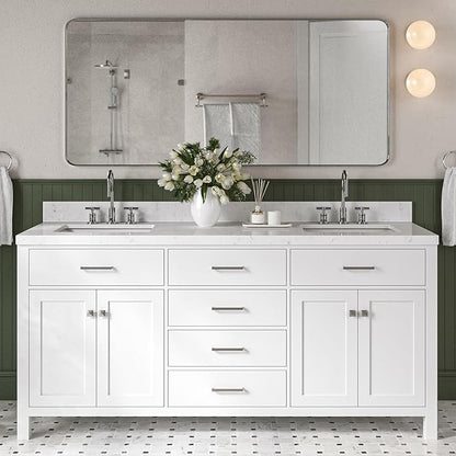 Alenza 72 Inch Bathroom Vanity Double Sink — White Bathroom Vanity with Sink, 1.5" Edge Carrara White Quartz Countertop & Backsplash, 4 Soft-Close Doors, 4 Dovetail Drawers