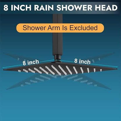 Midanya Square Rain Shower Head,High Pressure,Matte Black 8 Inch | 360°Swivel,Ceiling or Wall Mount,Waterfall Full Body Coverage,Bathroom Remodel,Stainless Steel Large Rainfall Shower Head