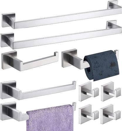 Bathroom Hardware Set 10 Piece Brush Nickel Bathroom Accessories Set SUS304 Towel Bar Set Includes 2 Towel Bar 24 Inch+2 Towel Holder+2 Toilet Paper Holder+4 Towel Hooks (10, Brushed Nickel, 24 Inch)