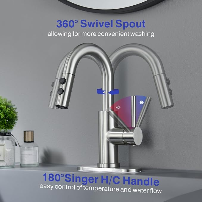 Bathroom Faucet with Sprayer, Brushed Nickel Single Hole with Pop-Up Drain | Kablle Single Handle Pull Out 1 or 3 Hole Laundry Bar Basin Faucet with Deck Plate, KBL-7002BN-CL