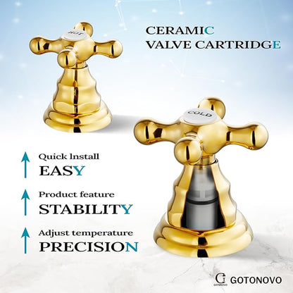 gotonovo Bathroom Faucet 3 Hole 8 Inch Widespread Bathroom Sink Faucet 2 Cross Handles Vintage Lavatory Vanity Mixer Tap with Pop Up Drain, HOT Cold Label, Polish Gold