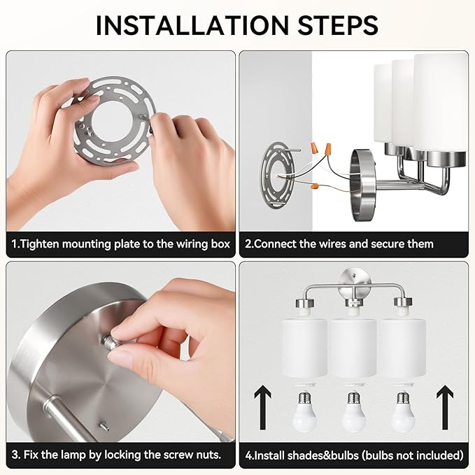 SUNMORY Bathroom Light Fixtures with 3 Stepless Dimmable Bulbs and Remote, 3-Light Modern Vanity Lights with Frosted Glass Shades, Bathroom Wall Lamp for Over Mirror Kitchen Living Room Hallway Porch