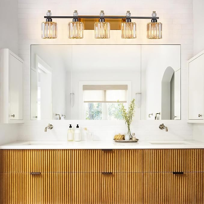 Bathroom Vanity Lights 5-Light Black Gold Modern Crystal Vanity Light Fixtures Over Mirror Crystal Bathroom Vanity Lighting Fixtures