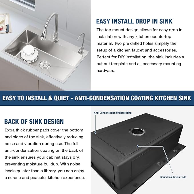 25x22 Inch Drop In Kitchen Sink, 20 Gauge 304 Stainless Steel Single Bowl Top Mount Sinks, Brushed Nickel Handmade Round Corner 25"x22"x9"