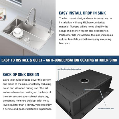 25x22 Inch Drop In Kitchen Sink, 20 Gauge 304 Stainless Steel Single Bowl Top Mount Sinks, Brushed Nickel Handmade Round Corner 25"x22"x9"