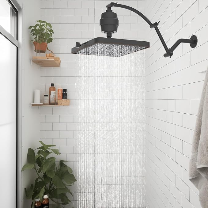 Hibbent Rain Filtered Shower Head, 13'' High Pressure Rainfall 5 Modes Showerhead with 16" Shower Head Extension Arm, Brass Adjustable Shower Arm Extender, 20 Stage Shower Filter, Oil Rubbed Bronze