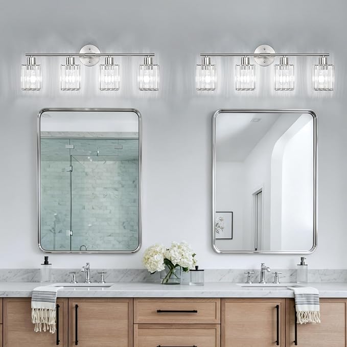 4 Light Bathroom Light Fixtures, Modern Crystal Vanity Lights over Mirror | Metal Frame, Bathroom Light with Square Crystal Shade, ETL Certified, E26 Ceramic Socket, Bulbs Not Included