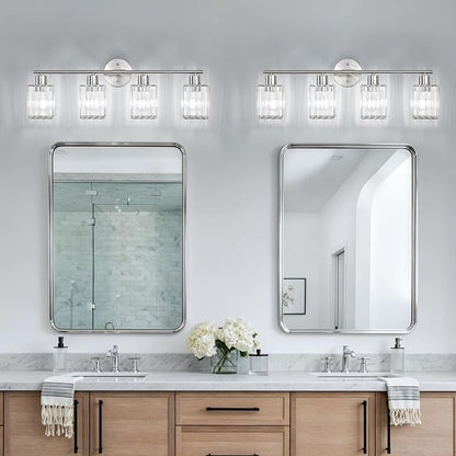 4 Light Bathroom Light Fixtures, Modern Crystal Vanity Lights over Mirror | Metal Frame, Bathroom Light with Square Crystal Shade, ETL Certified, E26 Ceramic Socket, Bulbs Not Included