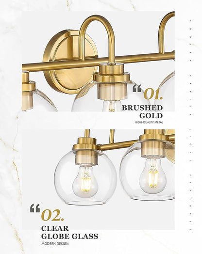 Bathroom Light Fixtures, 3-Light Brushed Gold Vanity Lights with Globe Clear Glass, Champagne Bronze Vanity Lighting Fixtures Over Mirror, AD-22280-3W-GD