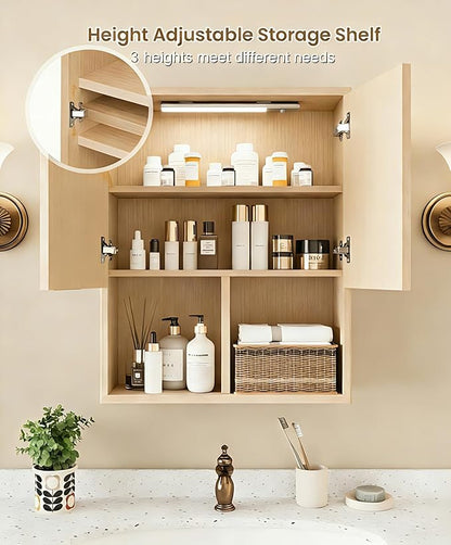 HAIOOU Fluted Bathroom Wall Cabinet with Motion Sensor Light, Curved Profile Wooden Medicine Cabinet Wall Mounted Cupboard, Wave Like Over Toilet Storage Cabinet with Buffering Hinges - Natural