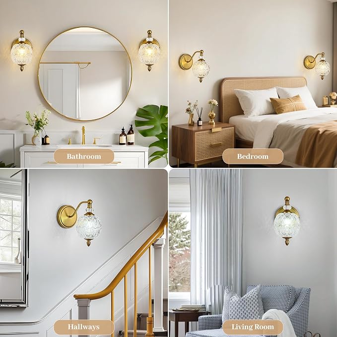 1 Piece Vintage Wall Sconce, 1-Light Mid Century Matte Brass Finish Wall Sconce with Globe Glass Shade, Retro Light for Bathroom, Bedroom, Living Room,Powder Room