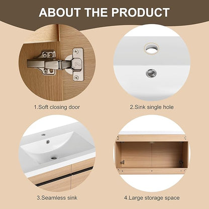Henf 36 inch Bathroom Vanity with Sink, Wall Mounted Solid Wood Bathroom Vanities with White Integrated Sink and Storage Cabinet,Floating Modern 2 Doors Bathroom Cabinet Set with Black Handle,Oak