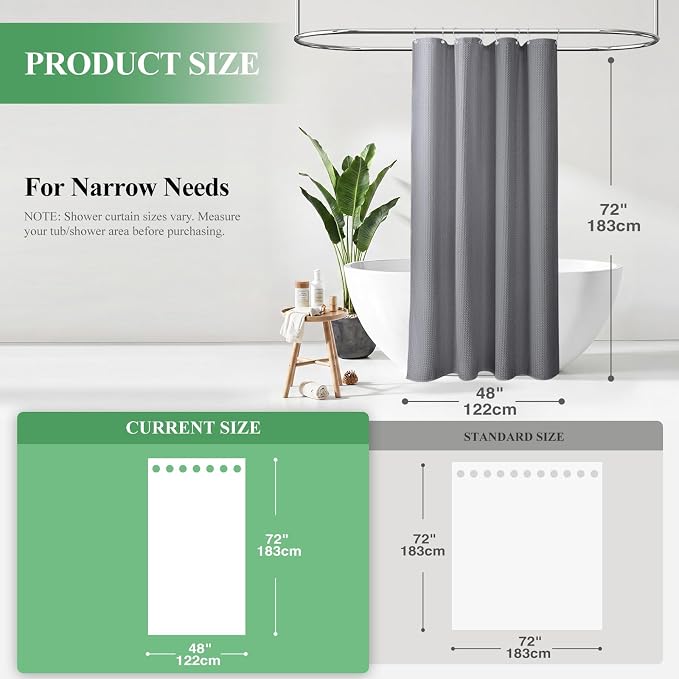 Stall Waffle Shower Curtain 256 GSM Heavy Fabric 48x72 Grey/Gray | 48 Inch Wide, Thick Cloth, Weighted Hem, Water Repellent, Hotel Luxury Polyester Shower Curtain Set for Bathroom 8 Hooks