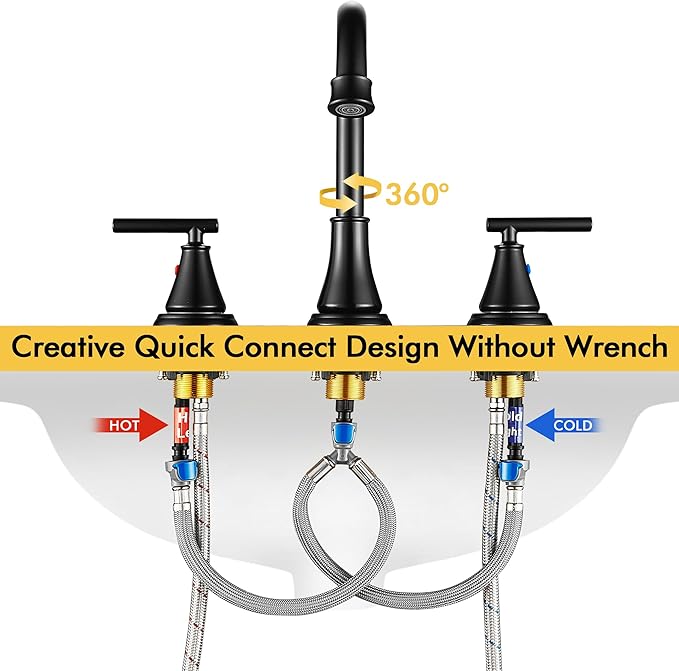 Fransiton Black 8 Inch Widespread Bathroom Sink Faucet 3 Hole,2-Pack Bathroom Vanity Faucet with Metal Pop-up Drain Assembly, 2 Handle Basin Supply Hoses