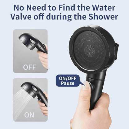 HANLIAN Black On/Off High Pressure Handheld Shower Head for RV Camper | 3 Spray Modes Shower Head with Pause Button, Water Saving Shower Head with Hose and Adjustable Self-adhesive Holder