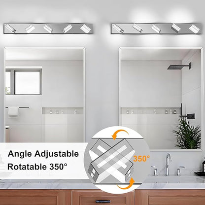 LED Modern Bathroom Light Fixtures, 5-Light 40-Inch Chrome Vanity Lights for Bathroom Lighting Fixtures Over Mirror, 350° Rotatable Acrylic, 6000K Cool White Wall Lamp