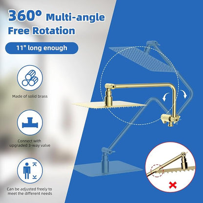 10" Metal Rainfall Shower Head with 10-Mode Handheld, Shiny Gold | NSF/ANSI/CAN 372 Certified, High Pressure Showerhead Combo with 11" Adjustable Shower Arm, 71" Hose, Shower Head Holder