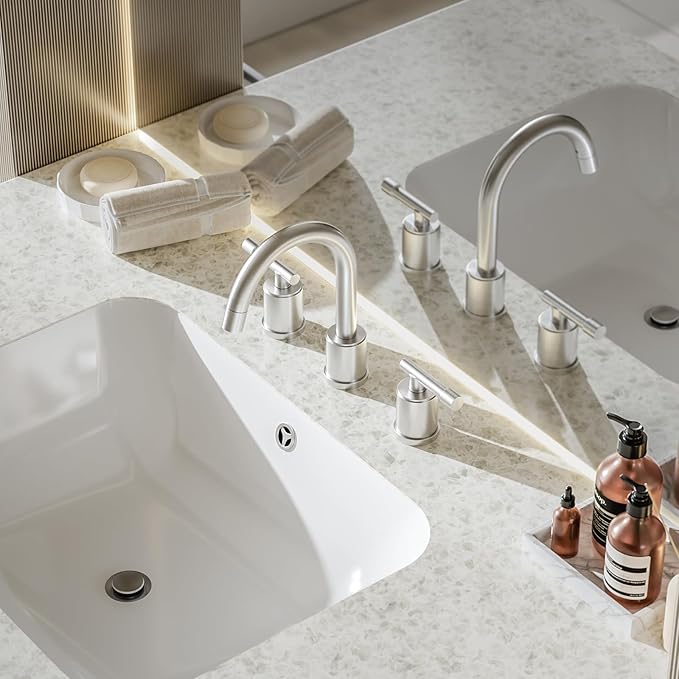 Phiestina Pull Out Brushed Nickel Bathroom Sink Faucet 8 inch - 3 Hole Pull-Down Sprayer Bathroom Faucet, Metal Pop-Up Drain, Water Supply Lines, 2 Handles for 3-Hole Sinks,WFZY01CL-BN