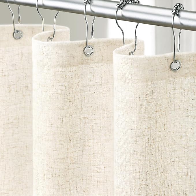 Linen Shower Curtain Flax White, Fabric Boho Farmhouse Shower Curtains for Bathroom Cotton Natural Cloth Liner Set 72" W x 72" L