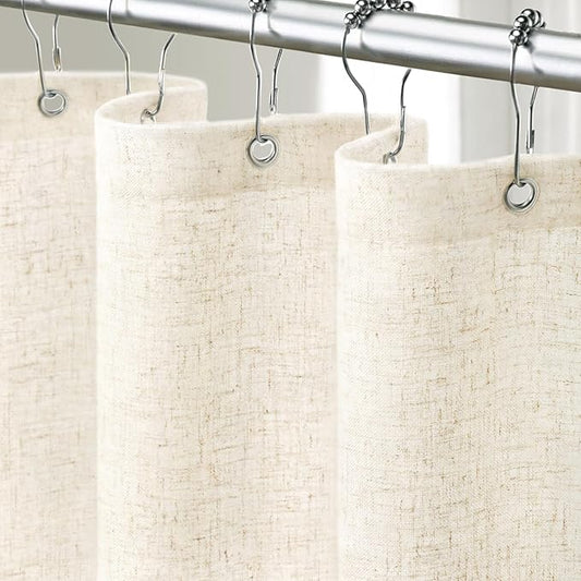 Linen Shower Curtain Flax White, Fabric Boho Farmhouse Shower Curtains for Bathroom Cotton Natural Cloth Liner Set 72" W x 72" L