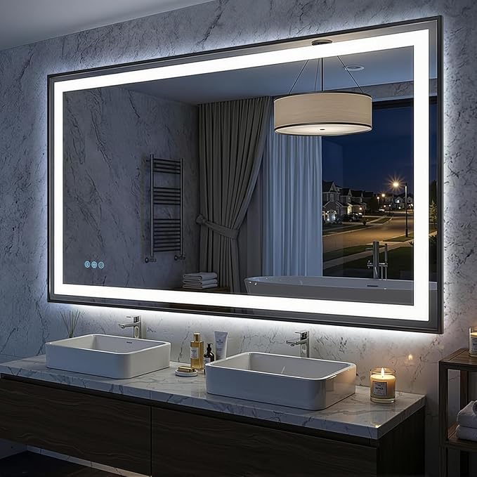Antok 60X36 LED Bathroom Mirror with Lights, Vanity Mirror for Wall with Black Frame, Touch Control, Anti-Fog, Dimmable Lights, Shatter-Proof, Memory Function, Wall-Mounted Vanity Mirrors