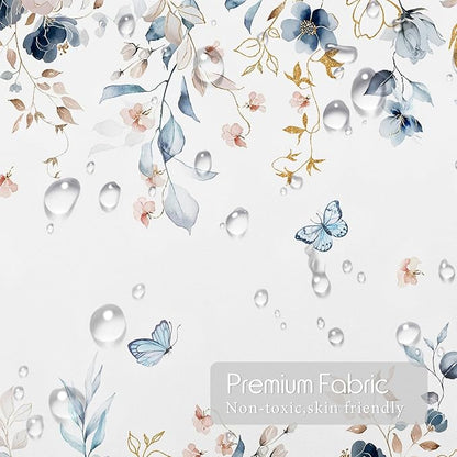 Pink Floral Butterfly Shower Curtain Blue and Gold Flower Design Country Botanical Nature Bathroom Decor with Hooks, 60 x 72 Inch