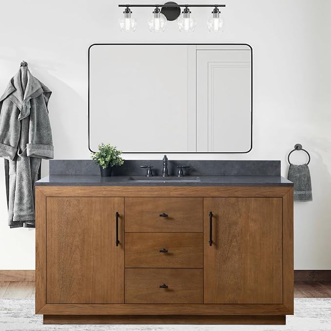 Vanity Art 60 inch Bathroom Vanity with Single Sink, Modern Wood Bath Vanity with Black Carrara Marble Top, Vanity Cabinet with Doors， Removable Shelf, Solid Wood Frame, Tan, VA7060B