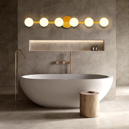 Lightdot 6 Light Bathroom Vanity Light, 38" Modern Gold Vanity Lights with Globe Water/Shatterproof PC Lampshade, Rust-Proof Bathroom Light Fixtures Over Mirror for Kitchen Hallway Cabinet Porch
