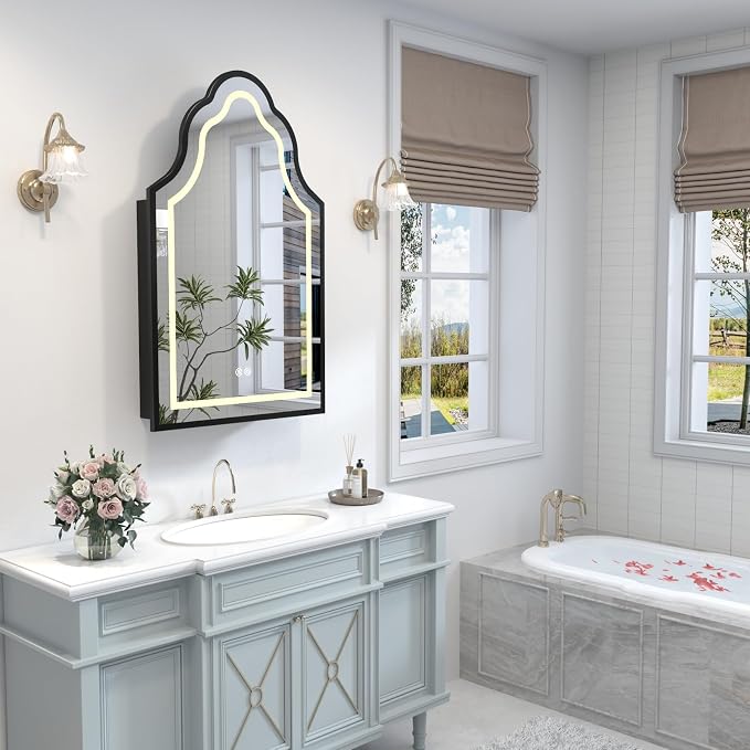 Black Lighted Medicine Cabinet with Mirror, 20''x32'' Surface or Recessed Irregular Bathroom Mirrors with Storage, Anti-Fog Dimmable LED Medicine Cabinet for Bathroom, 3 Color Temperature
