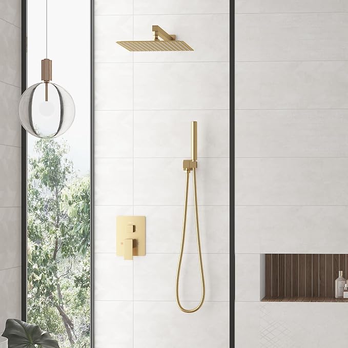 Hoimpro Shower System Set with 12 Inch Bathroom Rain Mixer Shower Head and Handheld Wall Mounted, Rainfall Shower Faucet Fixture Combo with High Pressure 2 in 1 Handheld Showerhead, Brushed Gold | High Pressure 12 Inch Bathroom Rainfall Shower Head,2-i...