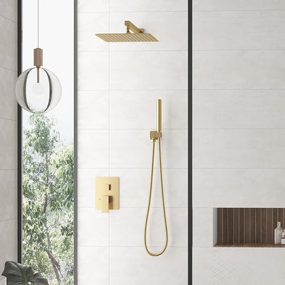 Hoimpro Shower System Set with 12 Inch Bathroom Rain Mixer Shower Head and Handheld Wall Mounted, Rainfall Shower Faucet Fixture Combo with High Pressure 2 in 1 Handheld Showerhead, Brushed Gold | High Pressure 12 Inch Bathroom Rainfall Shower Head,2-i...