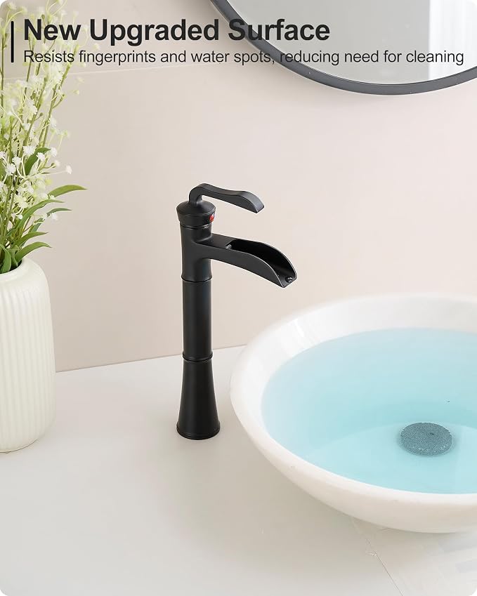 Black Waterfall Tall Bathroom Faucet Single Hole, Brass Bathroom Vessel Sink Faucet Single Handle with Pop-Up Drain & Pre-Installed Hoses, No Noise