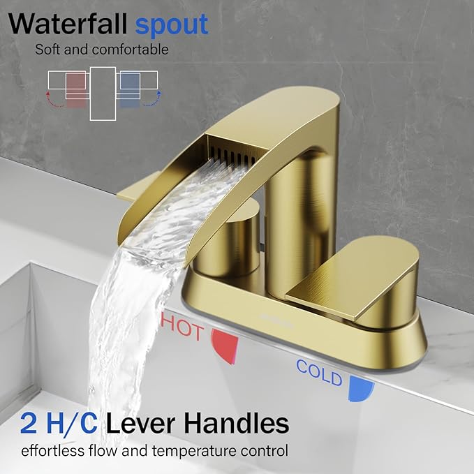 Bathroom Sink Faucet for 3 Hole, Hurran 4 Inch Faucets with Pop-up Drain, Stainless Steel 2-Handle Waterfall Faucet for Bathroom Sink, Brushed Gold
