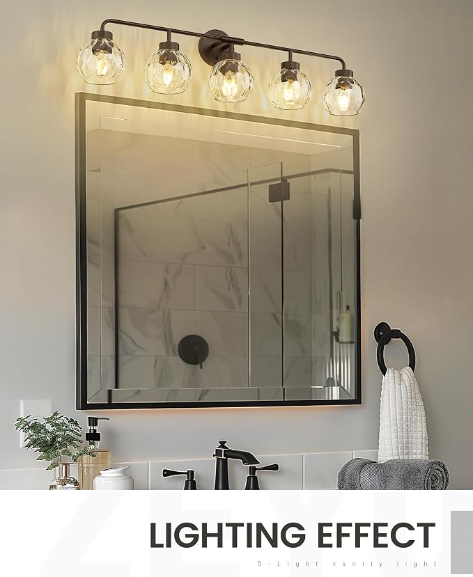zeyu 38.5-Inch 5-Light Vanity Lights for Bathroom Fixture, ZS62BG-5W ORB-WG | Bathroom Lighting Fixtures Over Mirror, Water Ripple Globe Glass, Up Or Down Mount, Hardwired, 5 E26 Bulbs Up To 60W Each