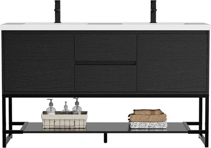 LUCKWIND 60" Modern Bathroom Vanity with Dual White Sink Combo, Freestanding Storage Cabinet with Metal Frame, Matte Black Faucet and Open Shelf and 2 Soft-Closing Door, Black