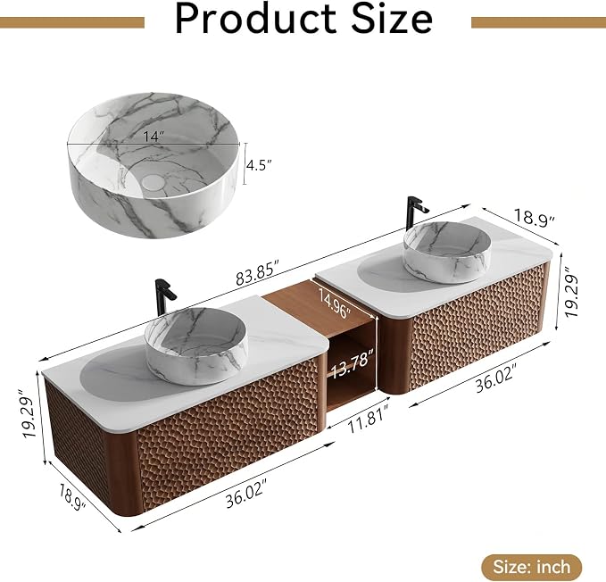 84 Inch Double Vanity with Sink Set, Floating Bathroom Sink Cabinet with Sintered Stone Top&Solid Wood Hammered Frame, Double Bathroom Vanities w/Soft-Close Drawers&1 Side Open Cube