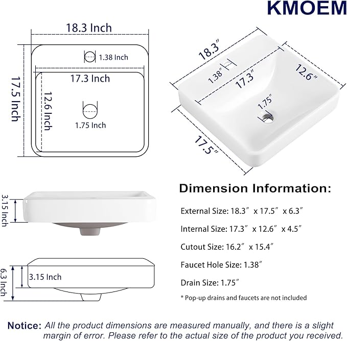 Vessel Sink 18"x18" Semi Recessed Bathroom Sink Drop-in White Bathroom Sink Porcelain Ceramic Modern Rectangular Sinks Drop-in Vanity Sinks with Overflow for Bathrooms
