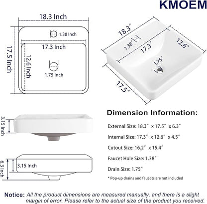 Vessel Sink 18"x18" Semi Recessed Bathroom Sink Drop-in White Bathroom Sink Porcelain Ceramic Modern Rectangular Sinks Drop-in Vanity Sinks with Overflow for Bathrooms