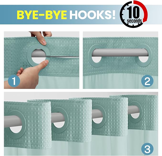 SORTTO No Hook Shower Curtain with Snap in Liner Set Waffle Shower Curtain for Bathroom Hotel Style Fabric Waterproof Inner Liner，71" W x 74" H, Teal