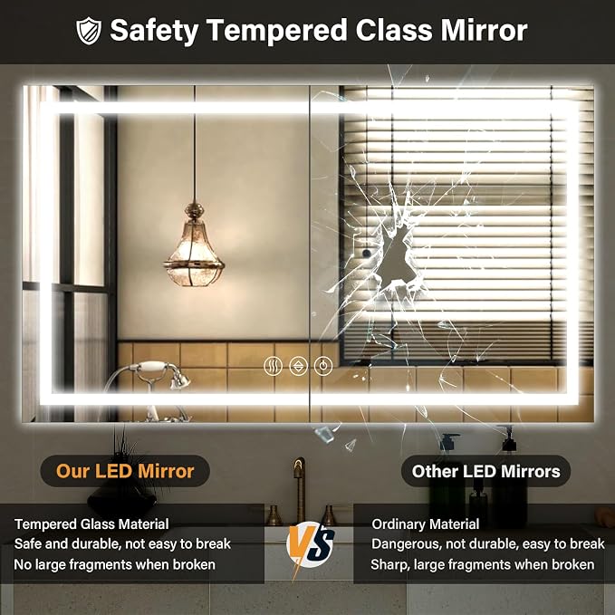 XRAMFY 40"X60"LED Bathroom Mirror, Backlit + Front Lit Wall Mirror | LED Bathroom Mirror with Lights for Wall, 3 Colors, Anti-Fog, Dimmable Brightness, Tempered Glass