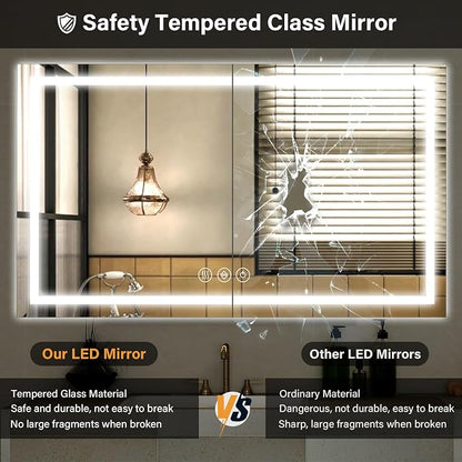 XRAMFY 40"X60"LED Bathroom Mirror, Backlit + Front Lit Wall Mirror | LED Bathroom Mirror with Lights for Wall, 3 Colors, Anti-Fog, Dimmable Brightness, Tempered Glass