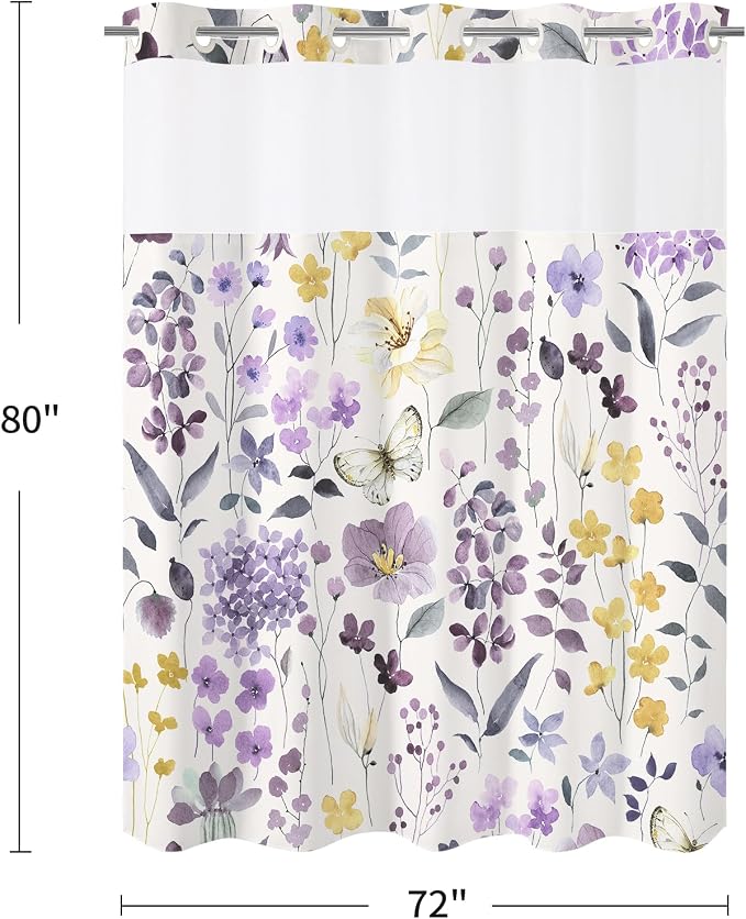 No Hook Purple Watercolor Floral Shower Curtain and Liner Set, 72x80 | Spring Flower Shower Curtains with Snap-in Liner for Farmhouse Bathroom Decor, Botanical Bathroom Curtain with Leaves